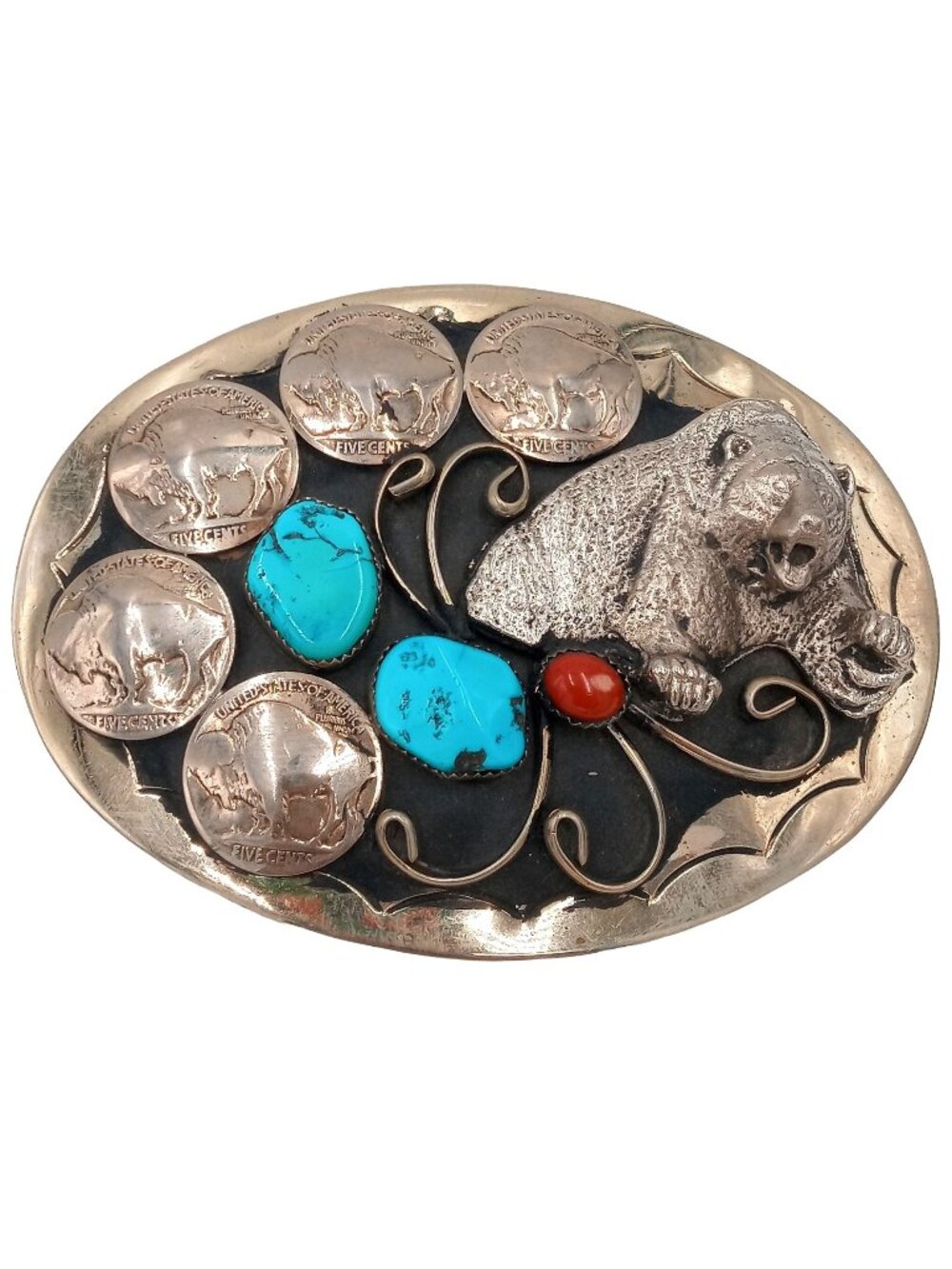 Grizzly Bear Buffalo Nickels Belt Buckle Turquoise Coral Western Rockabilly Bike